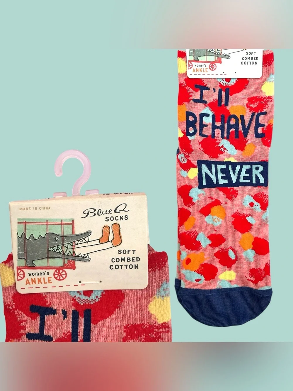NEW NWT 2018 Blue Q “I’ll Behave Never” Women’s Ankle Socks 5-10 Soft Cotton